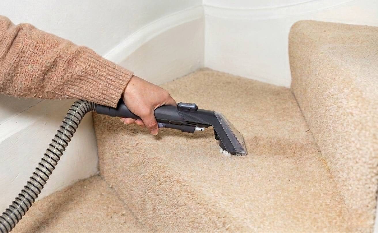 Deep cleaning of carpeted stairs with professional extraction equipment